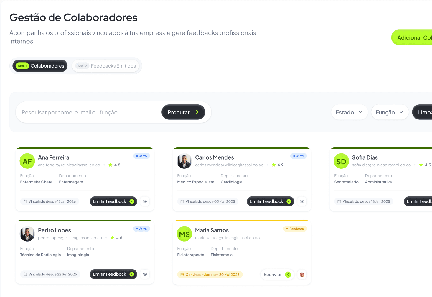 Painel de gestão de colaboradores com feedbacks e avaliações